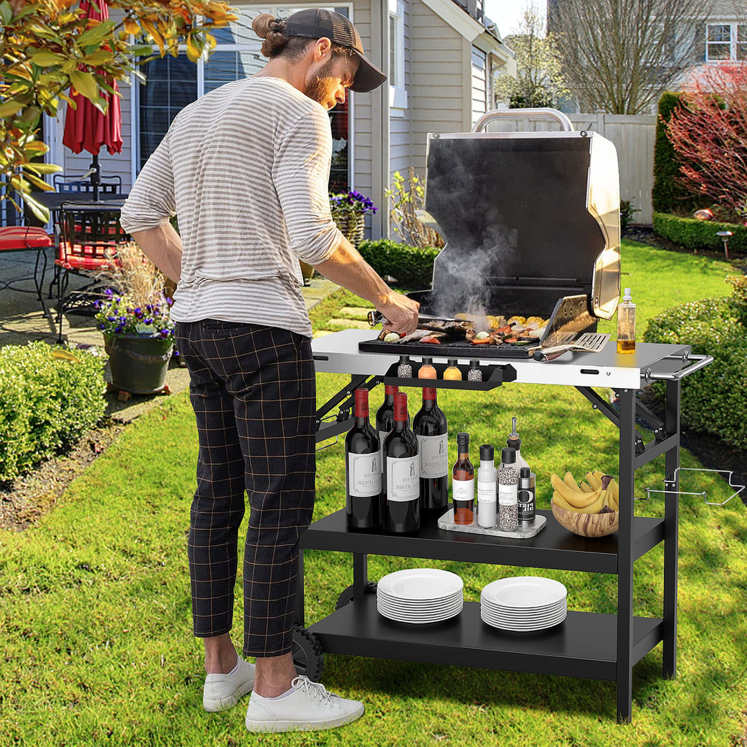 3-Tier Foldable Stainless Outdoor Cart with 2 Wheels-Black
