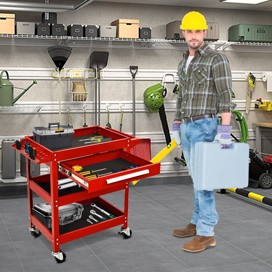 3 Tier Tool Trolley with Drawer and 4 Wheels-Red