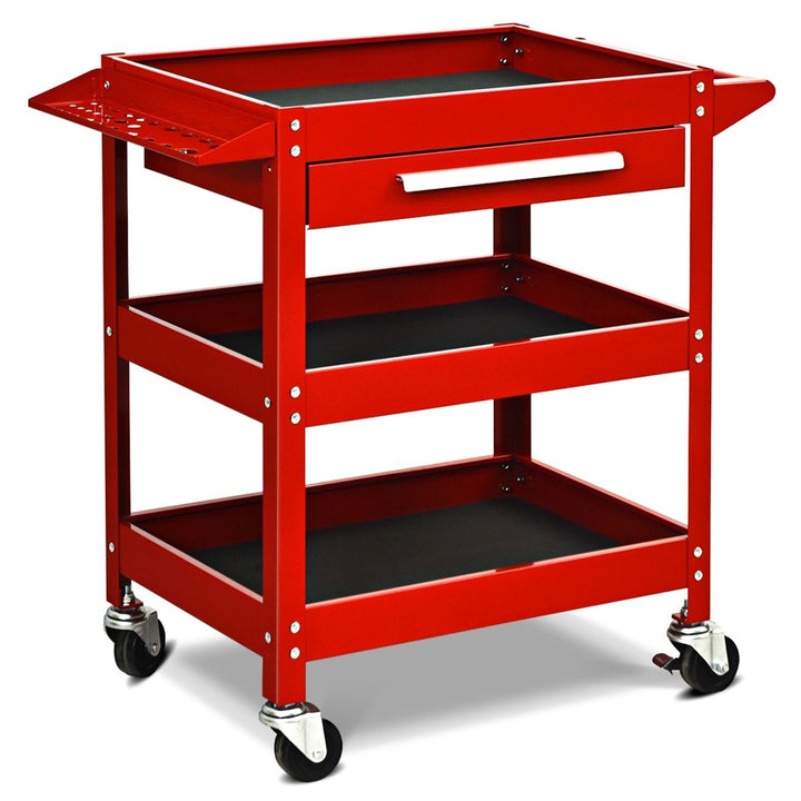 3 Tier Tool Trolley with Drawer and 4 Wheels-Red