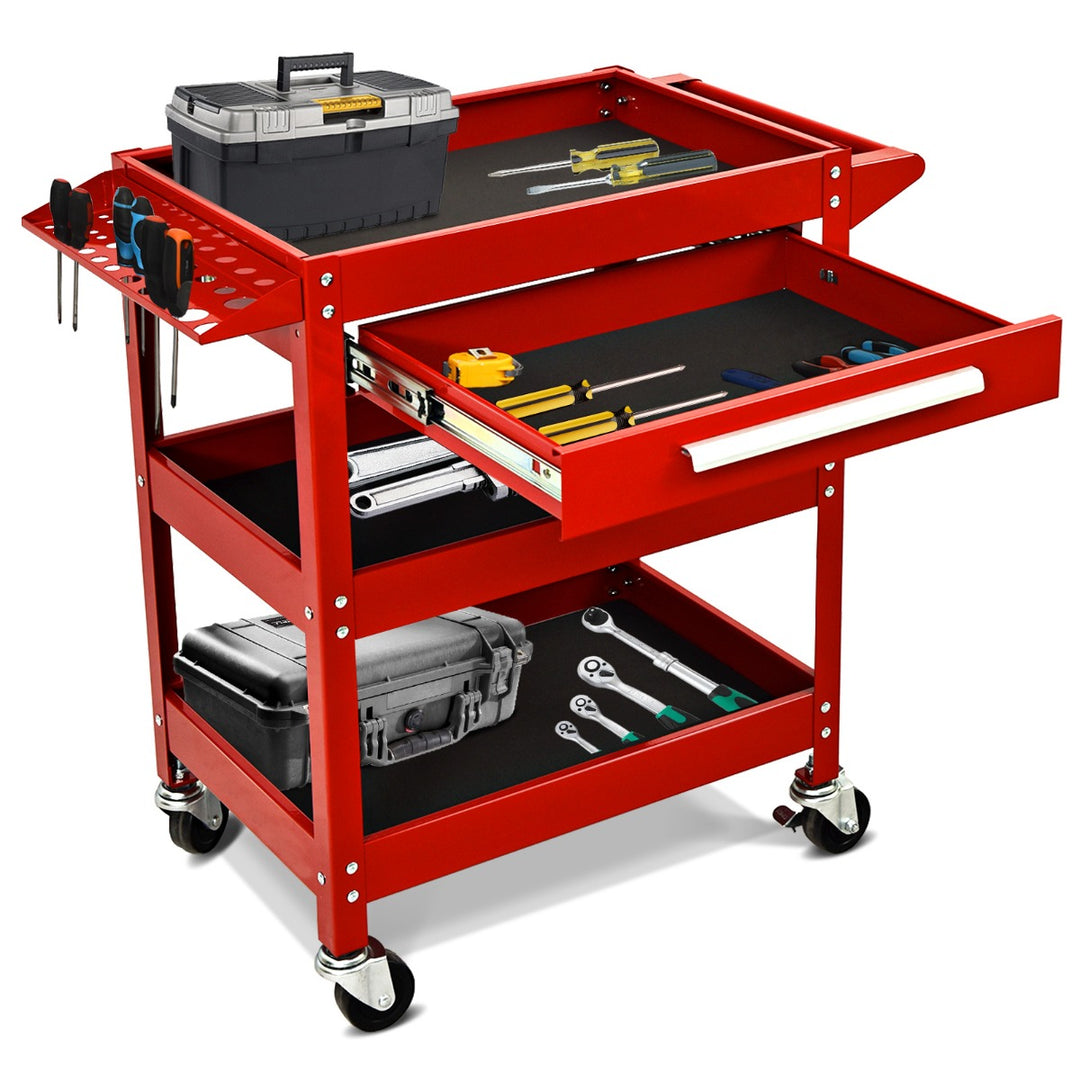 3 Tier Tool Trolley with Drawer and 4 Wheels-Red