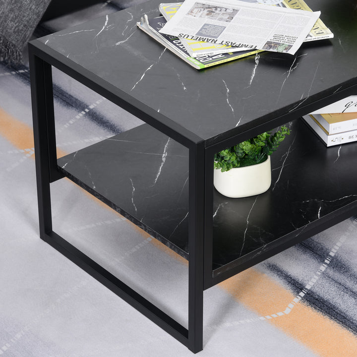 Two-Tier Laminate Marble Print Table Top Coffee Table w/ Metal Frame Foot Pads Elegant Modern Style 2 Shelves Home Display Storage Unit Black