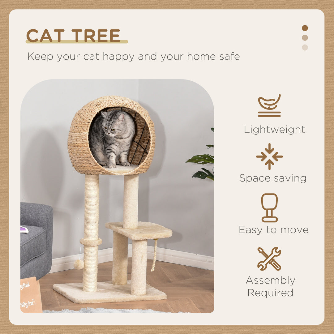 PawHut Cat tree Cat Tower 100cm Climbing Activity Center with Sisal Scratching Post Condo Perch Hanging Balls Teasing Rope Toy Cushion