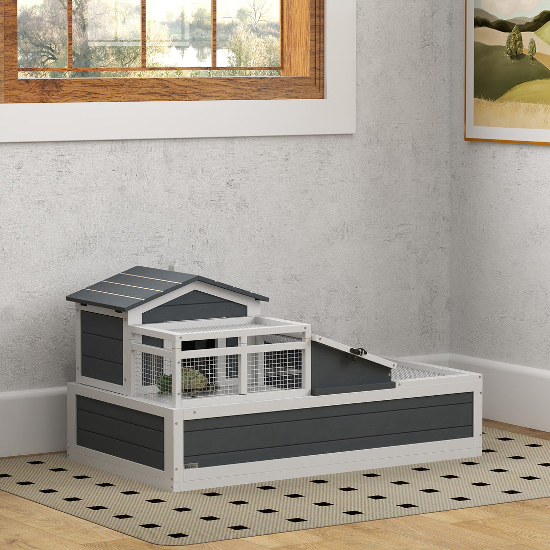 3-Room Tortoise House Habitat w/ Balcony &amp; 2 Stories, Wooden Tortoise Enclosure with Ladder, Tray, Openable Roof