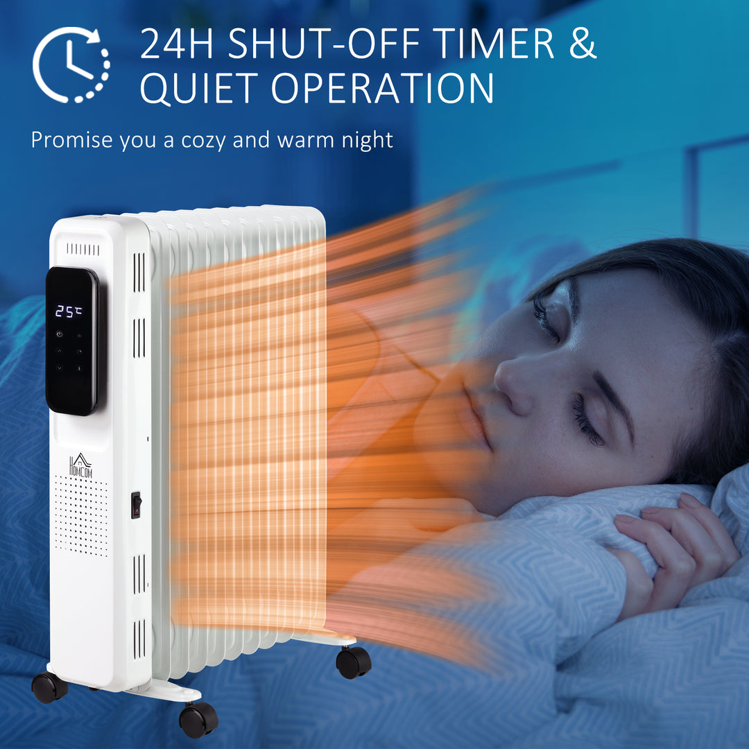 HOMCOM 2720W Oil Filled Radiator 11 Fin Portable Electric Heater w/ LED Display 24Hrs Timer Three Heat Settings Adjustable Thermostat-White