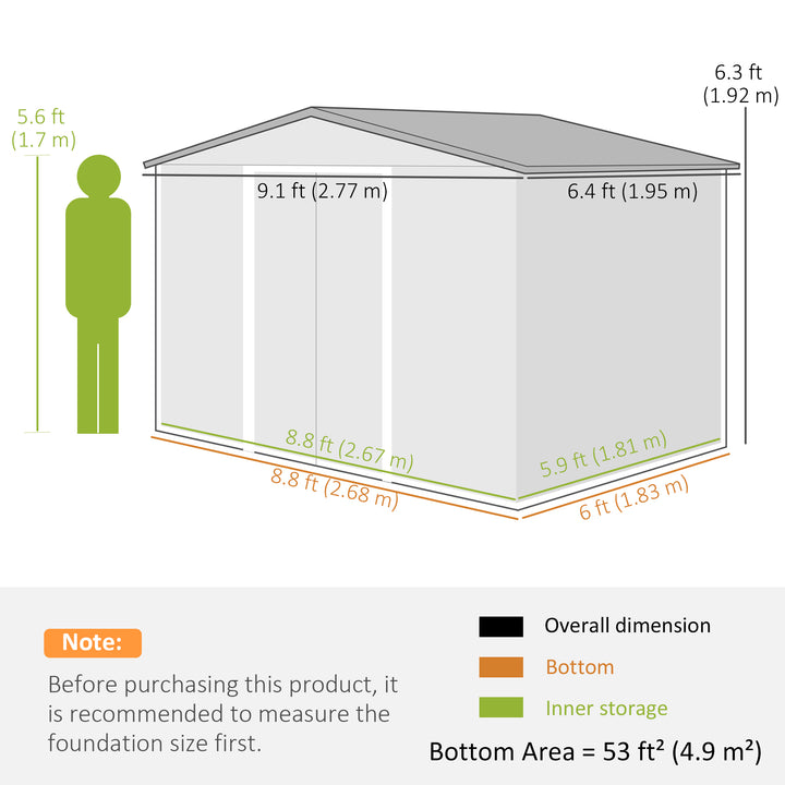 9 x 6FT Garden Storage Shed, Metal Outdoor Storage Shed House with Floor Foundation, Ventilation & Doors, Grey