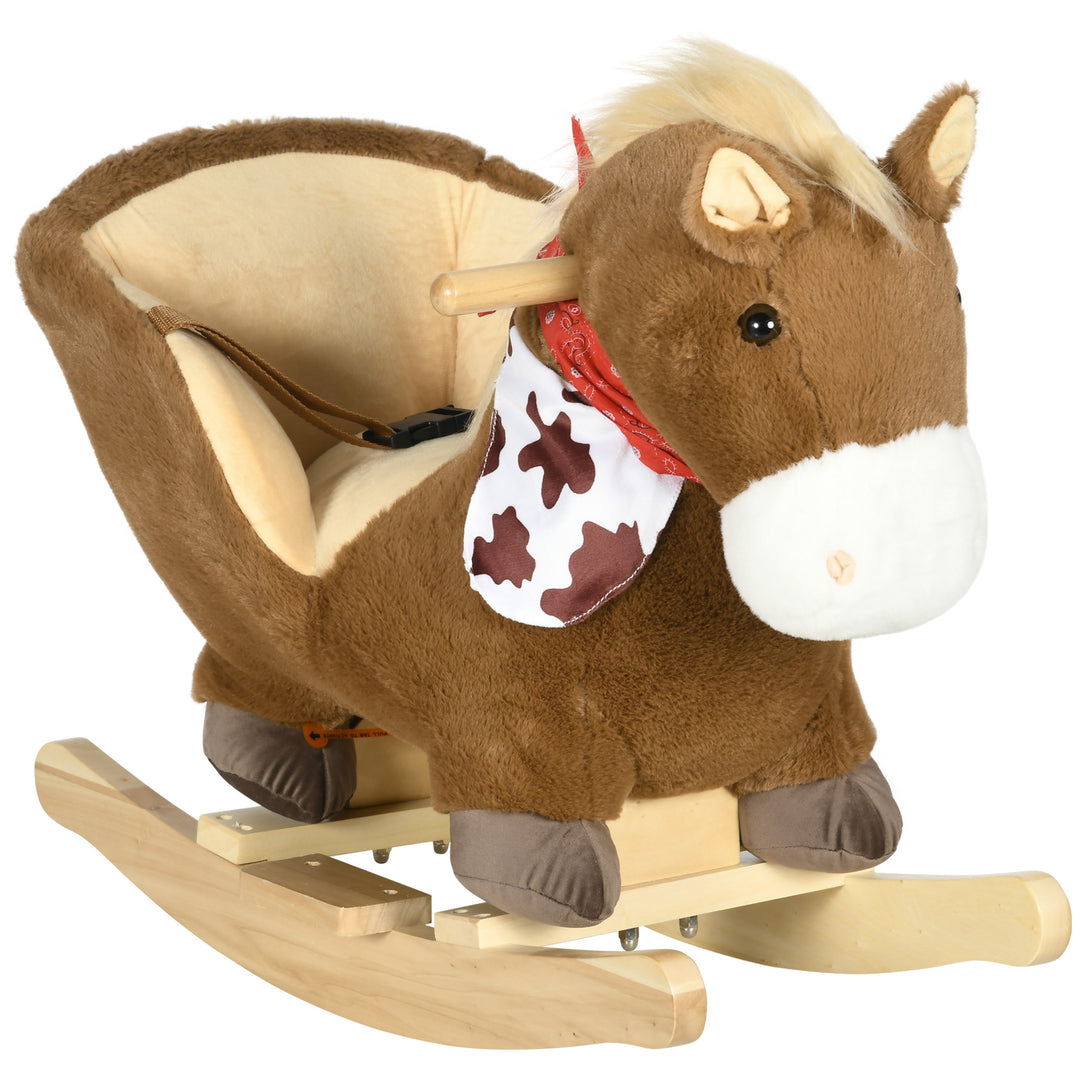 Kids Rocking Horse, Plush Baby Rocking Chair with Safety Harness, Realistic Sound, Foot Pedals, for Toddler Aged 18-36 Months, Brown