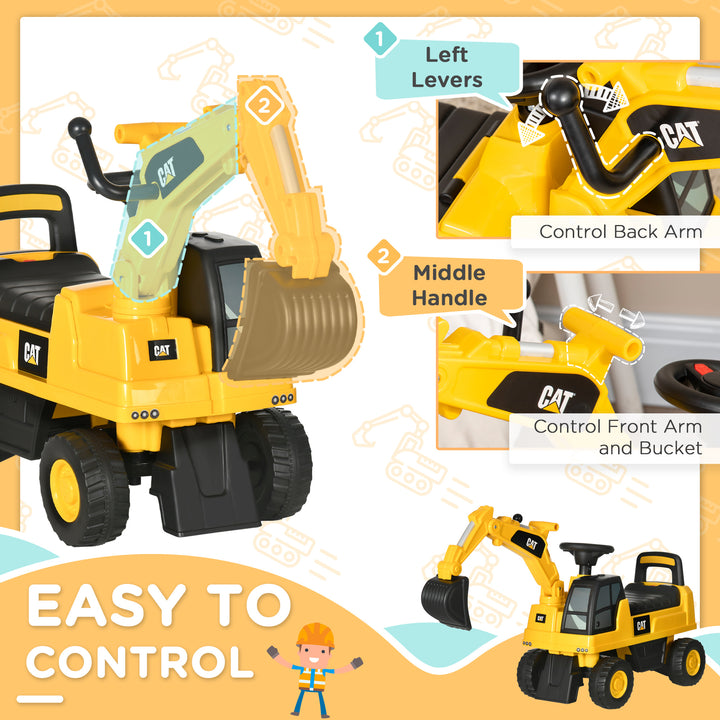 Licensed CAT Kids Ride on Digger Excavator with Manual Bucket, Toddler Pretend Construction Play Toy with Horn Under Seat Storage