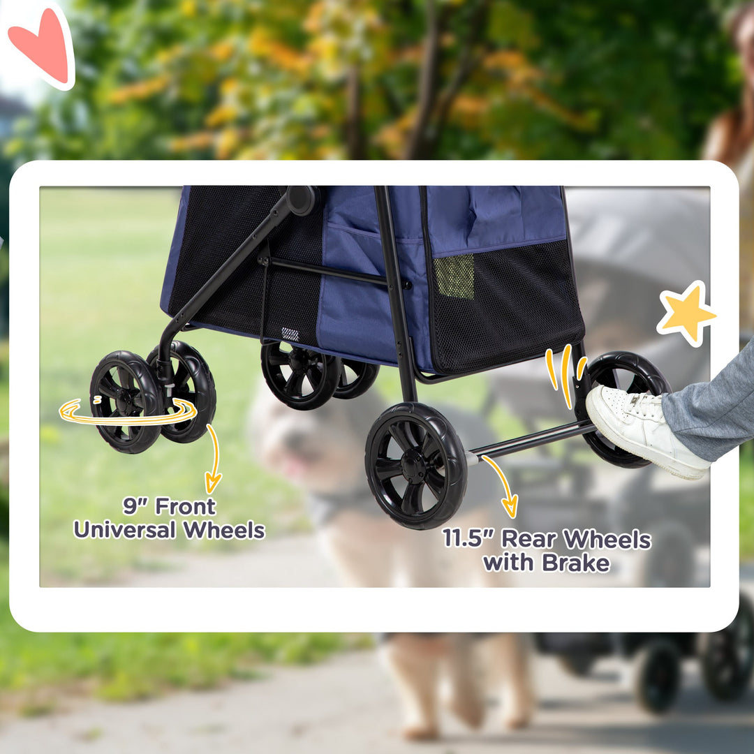 One-Click Foldable Dog Pushchair w/ EVA Wheels, Storage Bags, Mesh Windows, Doors, Safety Leash, Cushion, for Small Pets - Dark Blue