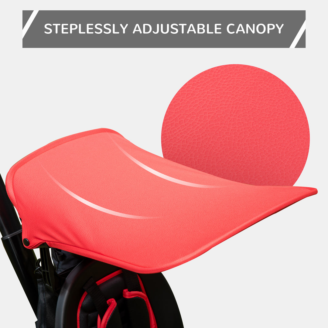 4 in 1 Baby Tricycle Toddler Stroller Foldable Pedal Tricycle w/ Reversible Angle Adjustable Seat Removable Handle Canopy Handrail Belt-Red
