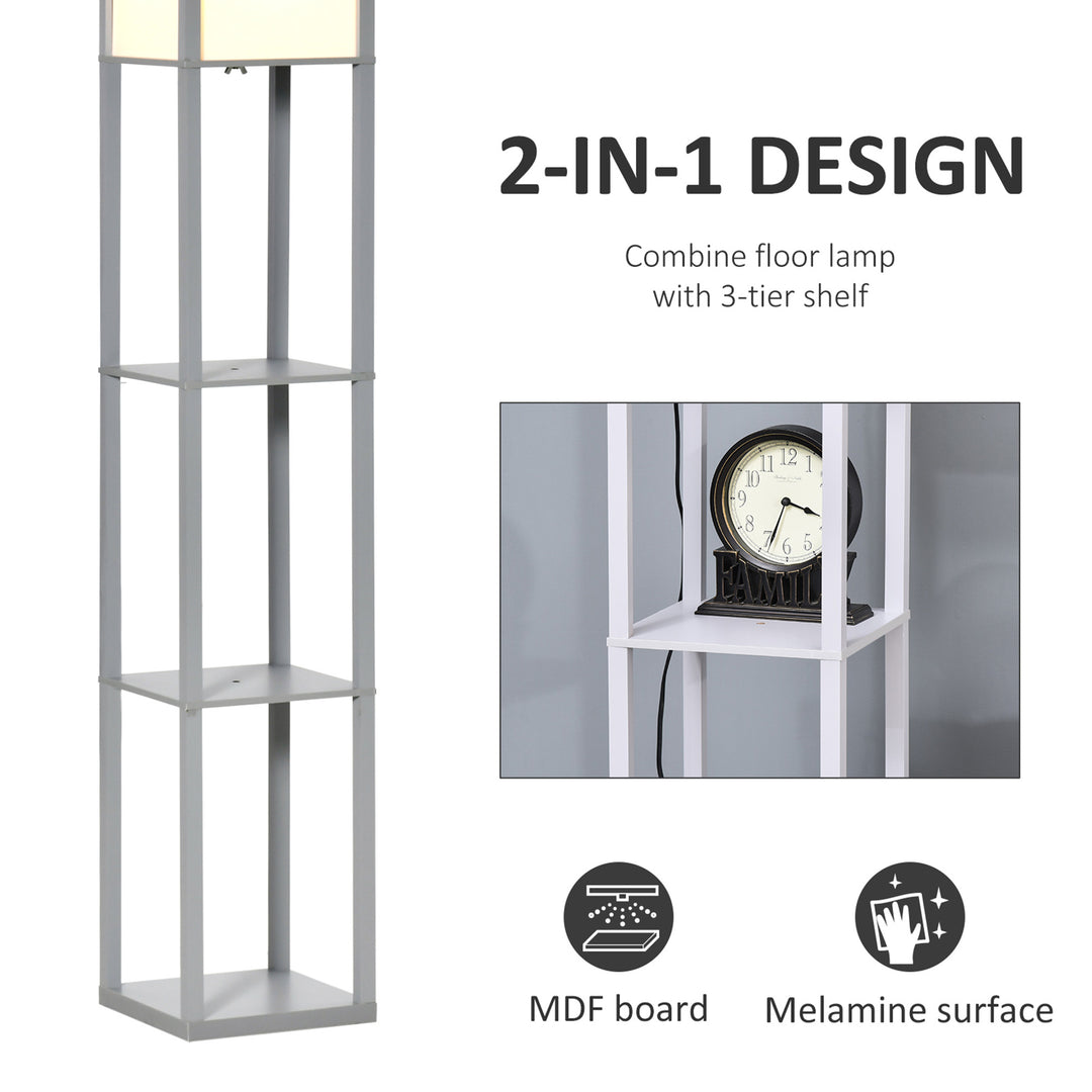 4-Tier Grey Floor Lamp with Shelf, Floor Light with Storage Shelf, Reading Standing Lamp