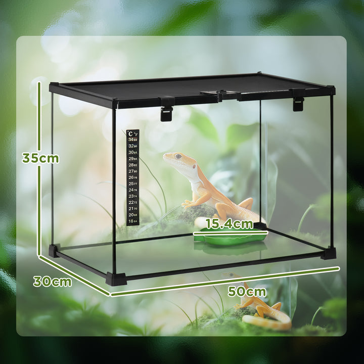 PawHut 50 x 30 x 35 cm Reptile Glass Terrarium, Reptile Breeding Tank, Climbing pet Glass Containers, Arboreal Box, with Strip Patch Thermometer-Black