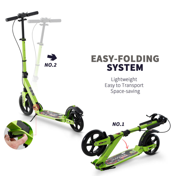 Teens Adult Kick Scooter Foldable Adjustable Aluminum Ride On Toy For 14+ w/ Dual Brake System, Shock Mitigation System - Green 95.5-110.5H CM