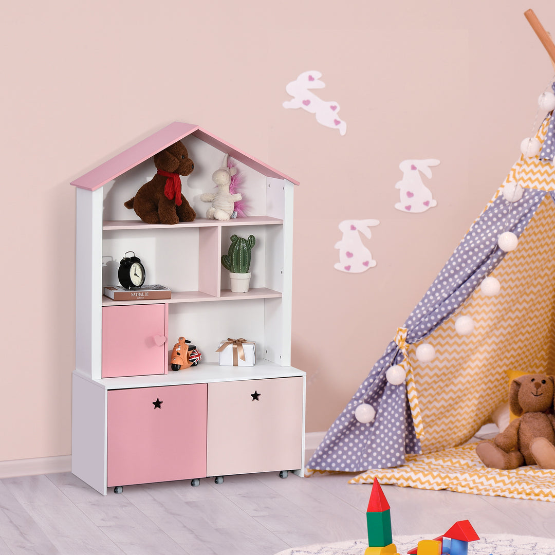 Kids Bookshelf Chest w/ Drawer with Wheels Baby Toy Wood Organizer Display Stand Storage Cabinet 80x34x130cm Pink