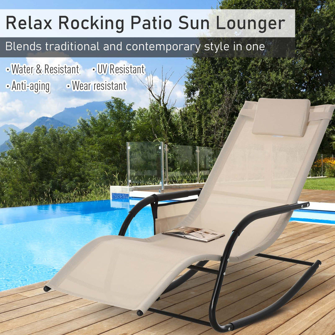 Breathable Mesh Rocking Chair Patio Rocker Lounge for Indoor &amp; Outdoor Recliner Seat w/ Removable Headrest for Garden and Patio Cream White