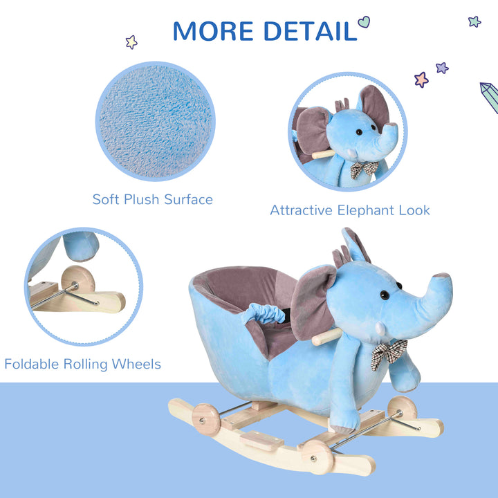 Plush Baby Ride on Rocking Horse Elephant Rocker with Wheels Wooden Toy for Kids 32 Songs (Blue)