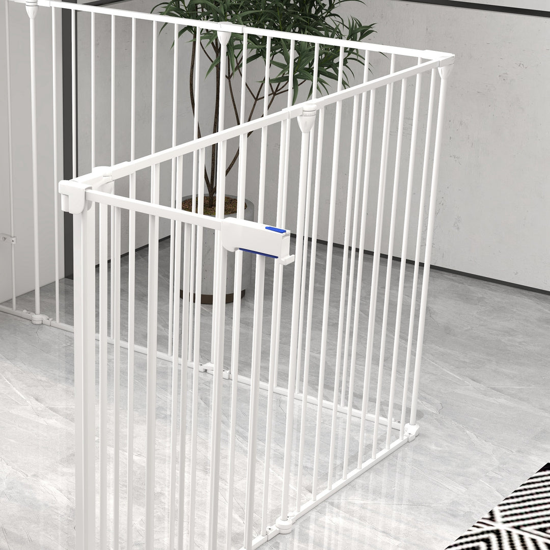 2-In-1 Multifunctional Dog Pen and Safety Pet Gate, 8 Panel Dog Playpen with Double-locking Door, Foldable Dog Barrier for Medium Dogs, 90cm High, White