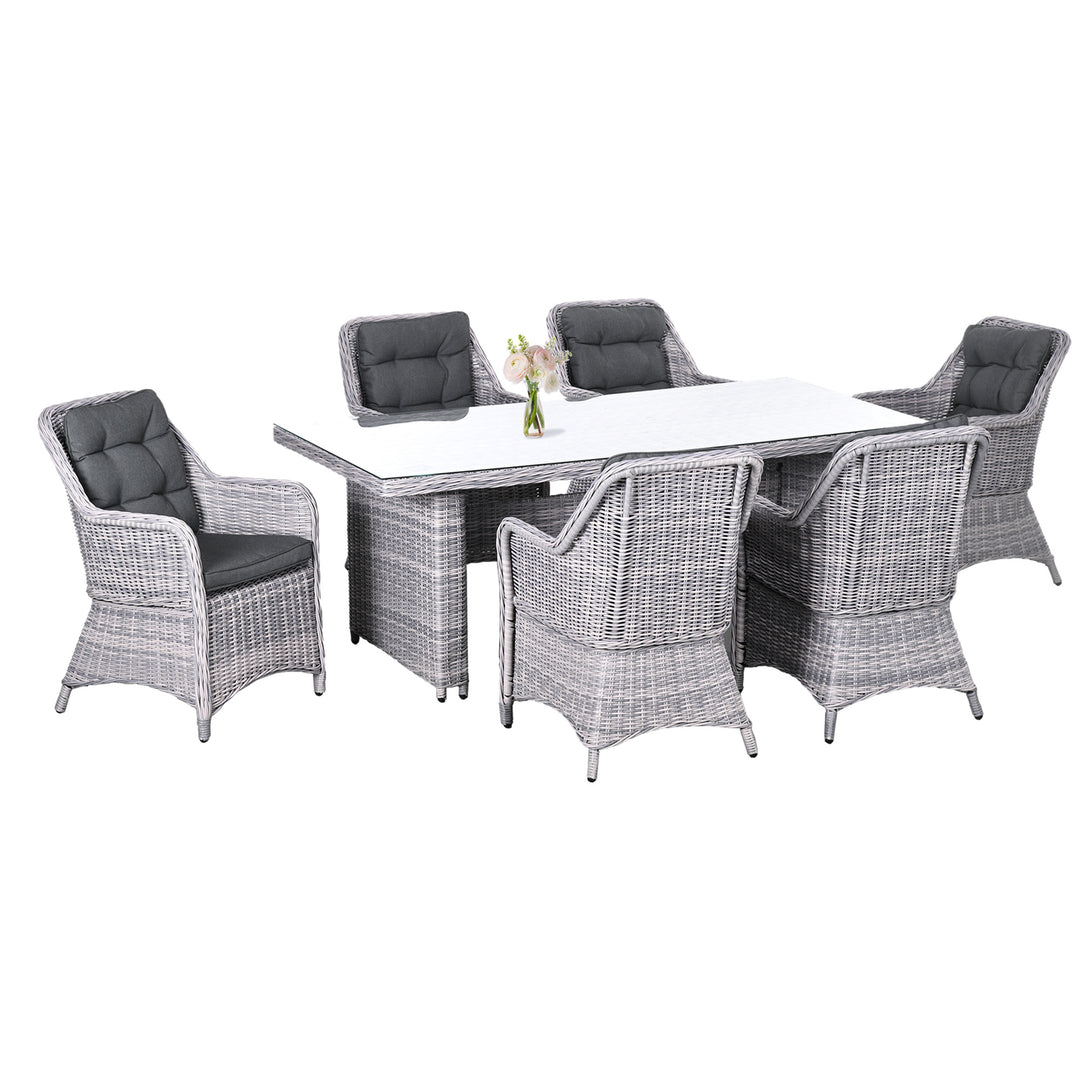 7 PCS Outdoor PE Rattan Dining Table Set, Patio Wicker Aluminium Chair Furniture w/ Tempered Glass Table Top, Grey