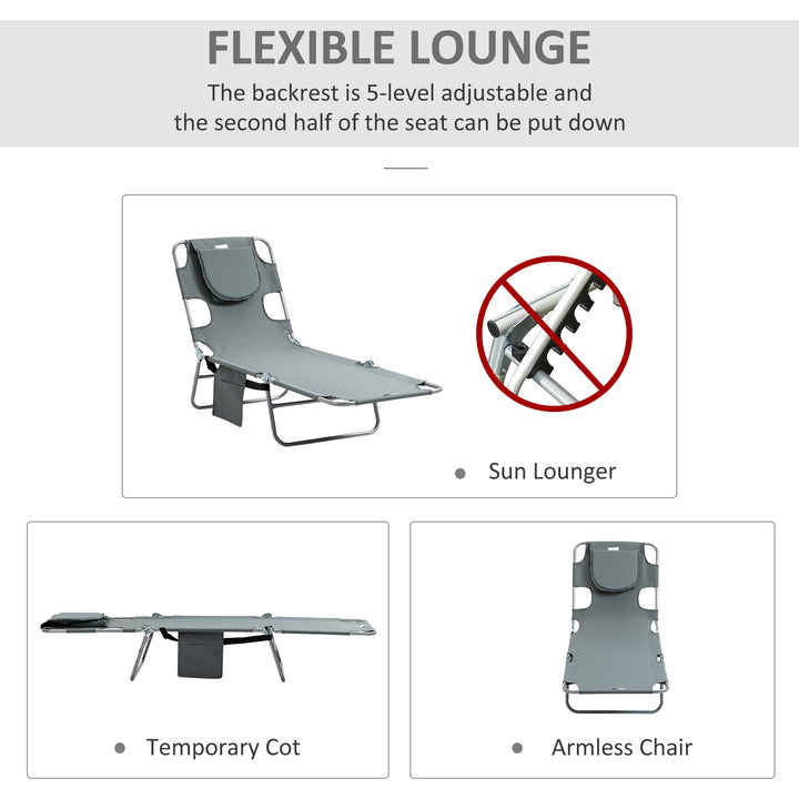 Beach Chaise Lounge with Face Cavity & Arm Slots, Portable Sun Lounger, Reclining Lounge Chair 5-position Adjustable Backrest Grey