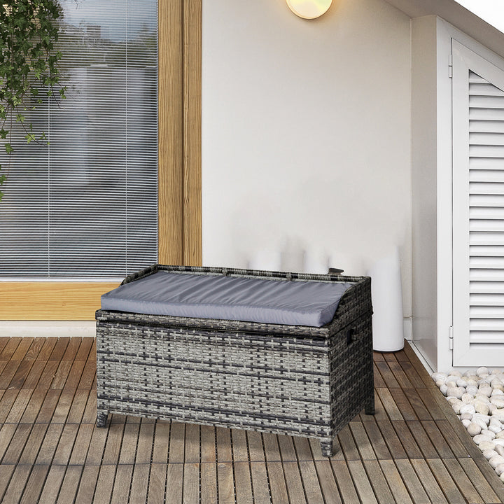 Patio PE Rattan Wicker Storage Basket Box Bench Seat Furniture w/ Cushion Mixed Grey