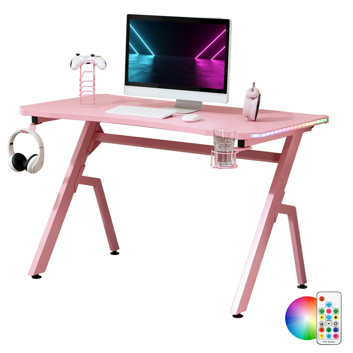 Gaming Desk Racing Style Home Office Ergonomic Computer Table Workstation with RGB LED Lights, Controller Rack & Cable Management, Pink