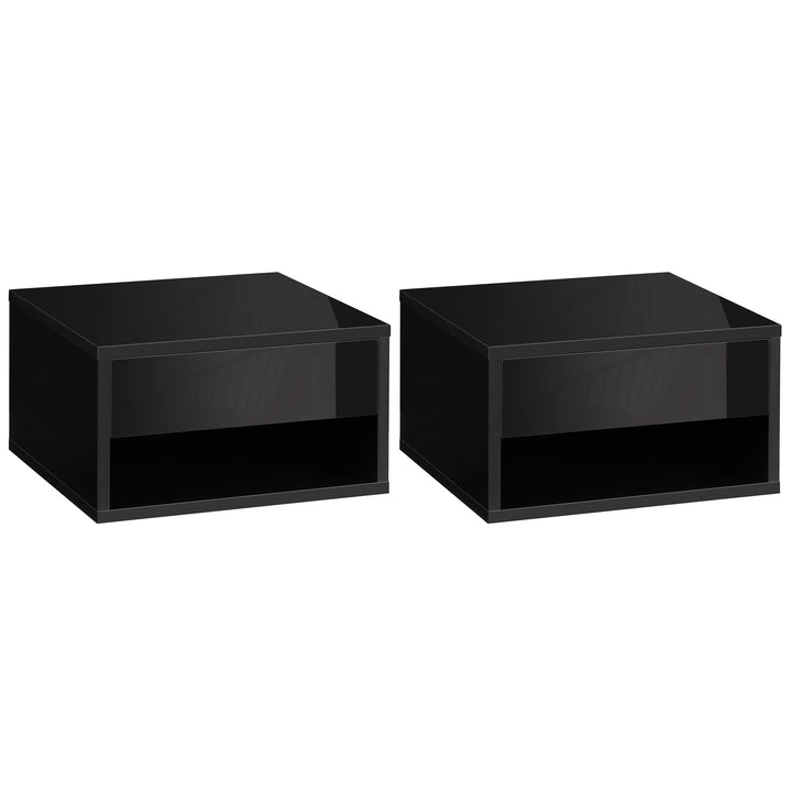 2 Pieces Bedside Table Wall Mounted Nightstand with Drawer and Shelf for Bedroom, 37 x 32 x 21cm, High Gloss Black