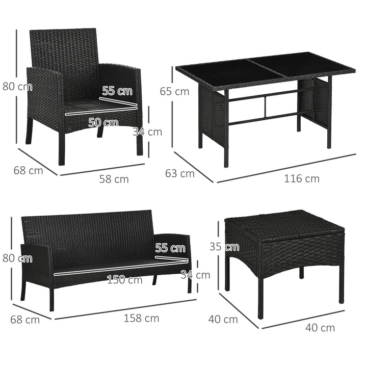 5 Seater Rattan Garden Furniture Set Wicker Sofa Armchairs Footstools and Glass Table Patio Rattan Sofa Sets with Cushions, Black