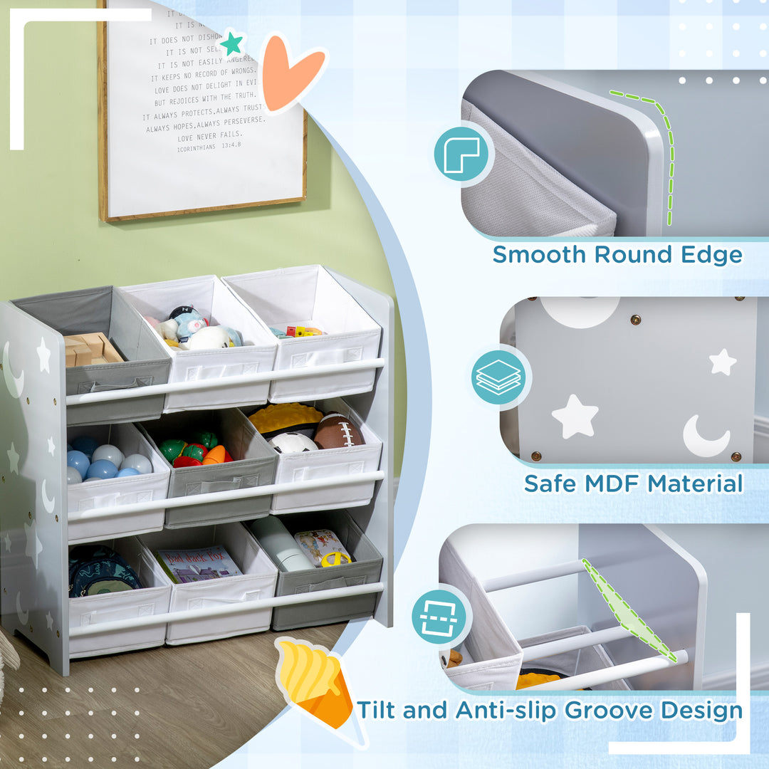 Kids Storage Unit with 9 Removable Storage Baskets, Toy Box Organiser with Shelf, Book Shelf for Nursery Playroom, Grey