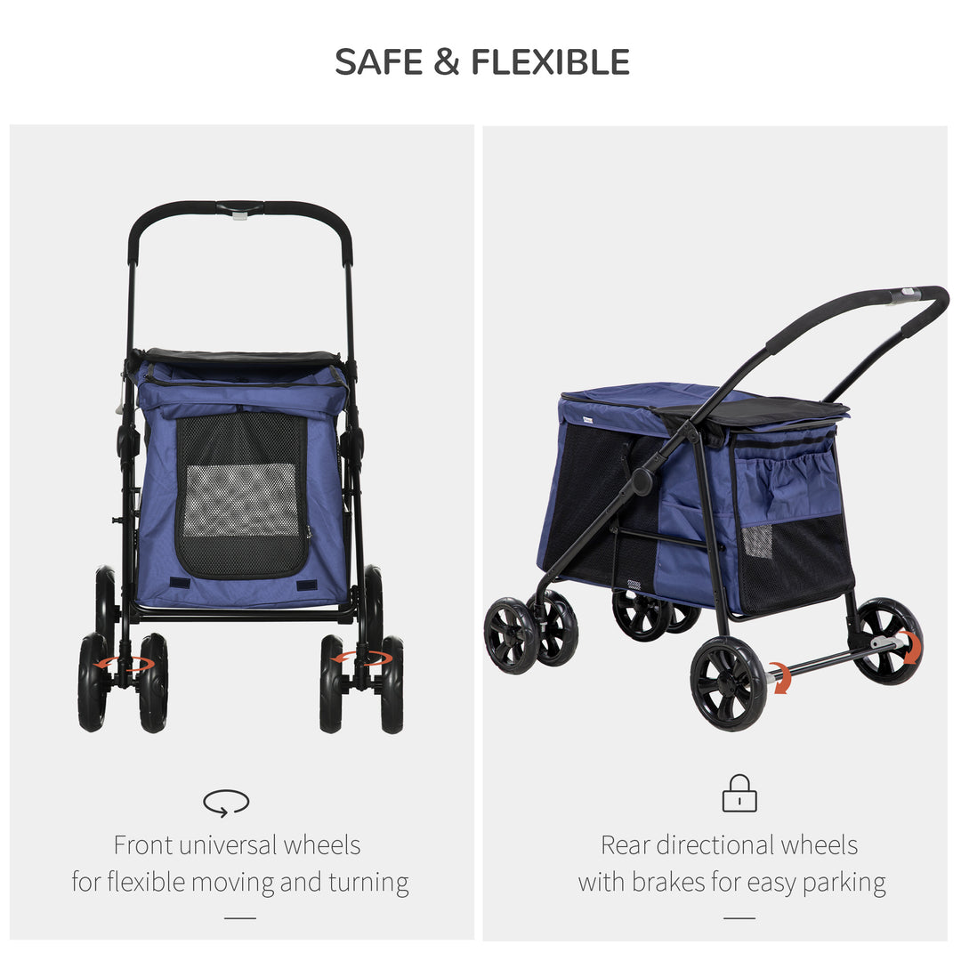 One-Click Foldable Dog Pushchair w/ EVA Wheels, Storage Bags, Mesh Windows, Doors, Safety Leash, Cushion, for Small Pets - Dark Blue