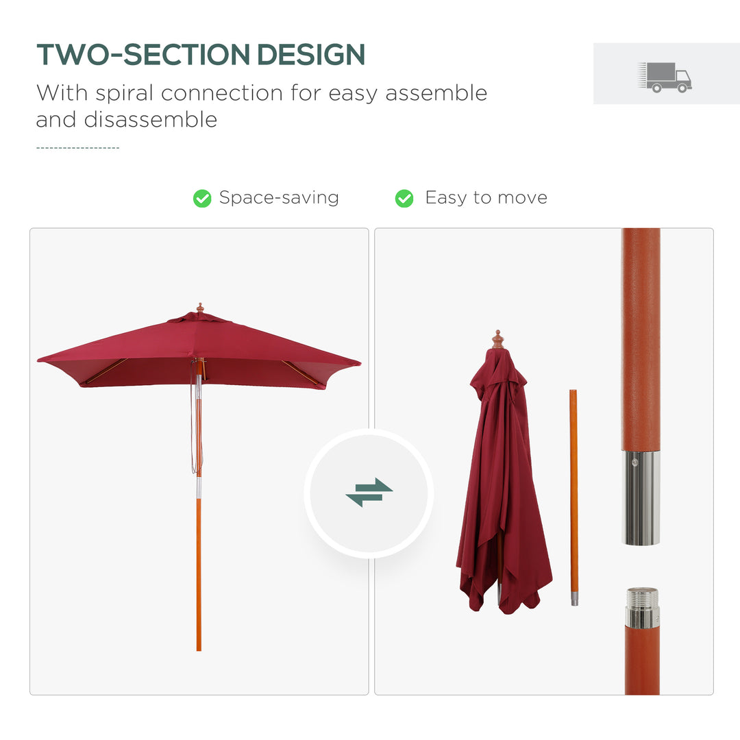 Outsunny 2 x 1.5m Patio Garden Parasol Sun Umbrella Sunshade Canopy Outdoor Backyard Furniture Fir Wooden Pole 6 Ribs Tilt Mechanism - Wine Red