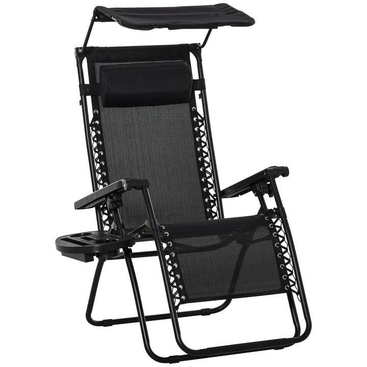 Outsunny Zero Gravity Garden Deck Folding Chair Patio Sun Lounger Reclining Seat with Cup Holder & Canopy Shade - Black