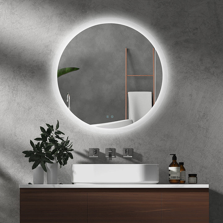 kleankin Round Illuminated Bathroom Mirrors w/ LED Lights, Wall Mount Mirror w/ 3 Colours, Anti-Fog, Memory Function & Aluminium, 70 x 70 cm