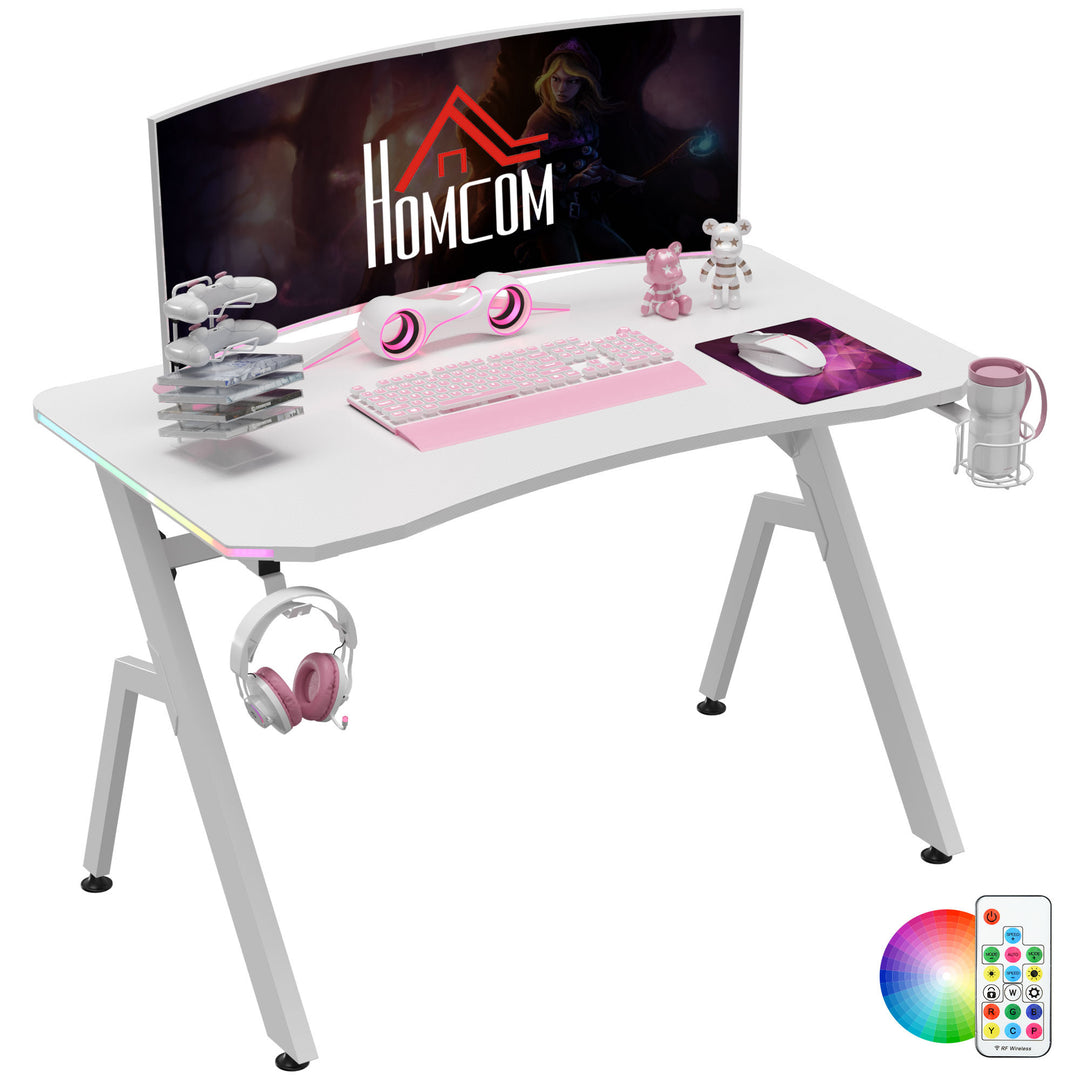 Gaming Desk Racing Style Home Office Ergonomic Computer Table Workstation with RGB LED Lights, Hook, Cup Holder, Controller Rack, White