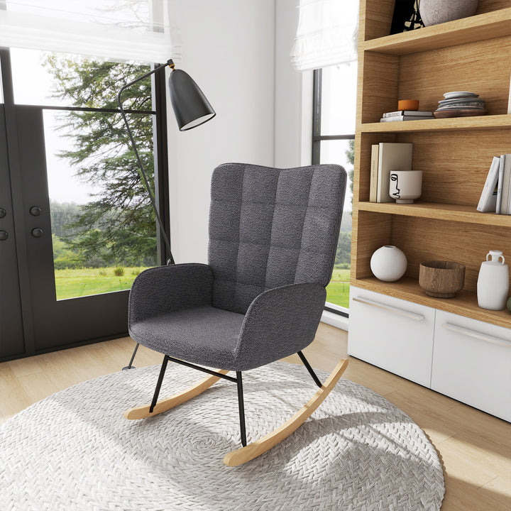 Wingback Rocking Chair for Nursing, Berber Fleece Nursery Glider Rocker, Modern Armchair for Living Room, Dark Grey