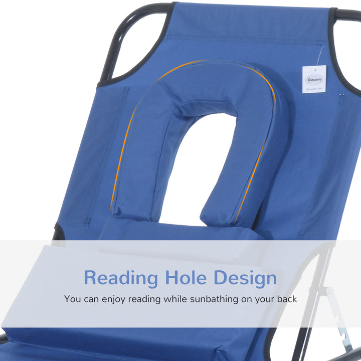 Sun Lounger Foldable Reclining Chair with Pillow and Reading Hole Garden Beach Outdoor Recliner Adjustable Blue