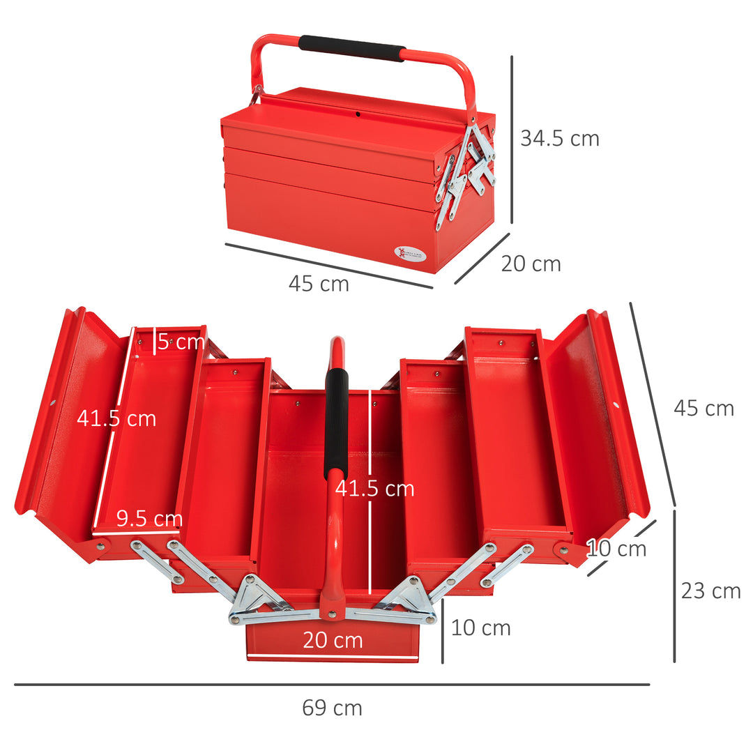 DURHAND Metal Tool Box 3 Tier 5 Tray Professional Portable Storage Cabinet Workshop Cantilever Toolbox with Carry Handle, 45cmx22.5cmx34.5cm, Red