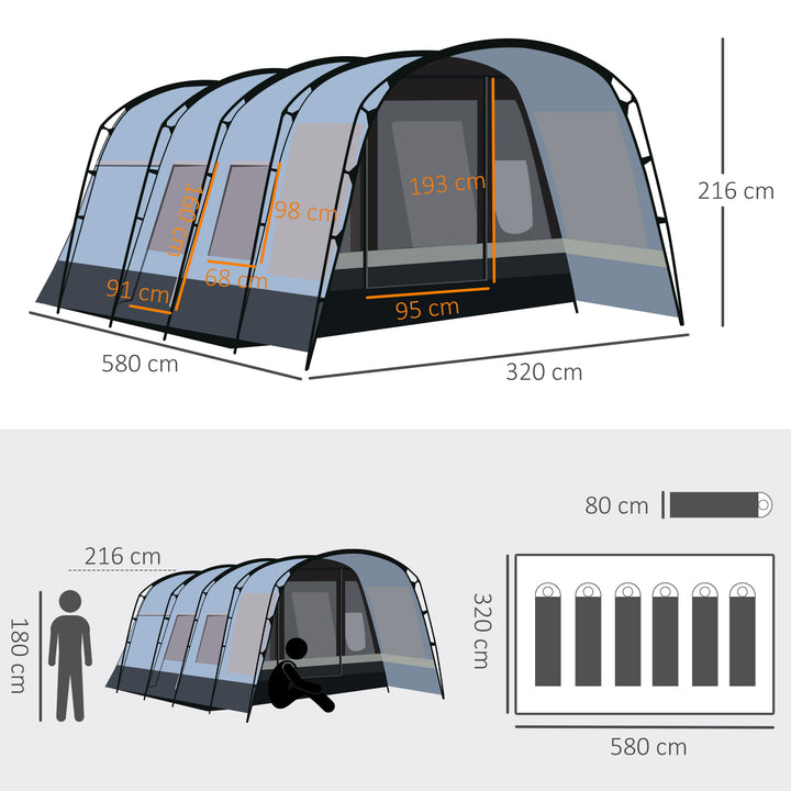 8-Person Camping Tent, Waterproof Family Tent, Tunnel Design, 4 Large Windows, Sleeping Cabins 3000mm Water Column Grey