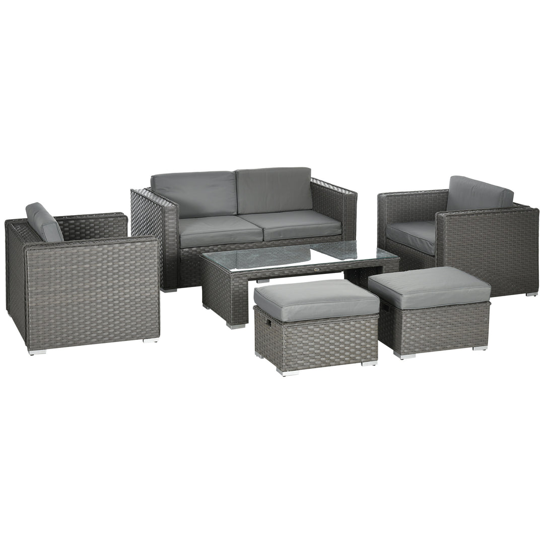 Outsunny 6PC Garden Rattan Sofa Set Outdoor Furniture Patio Table Loveseat Stool Lounging Ottoman Aluminium Frame Wicker Weave Conservatory Grey