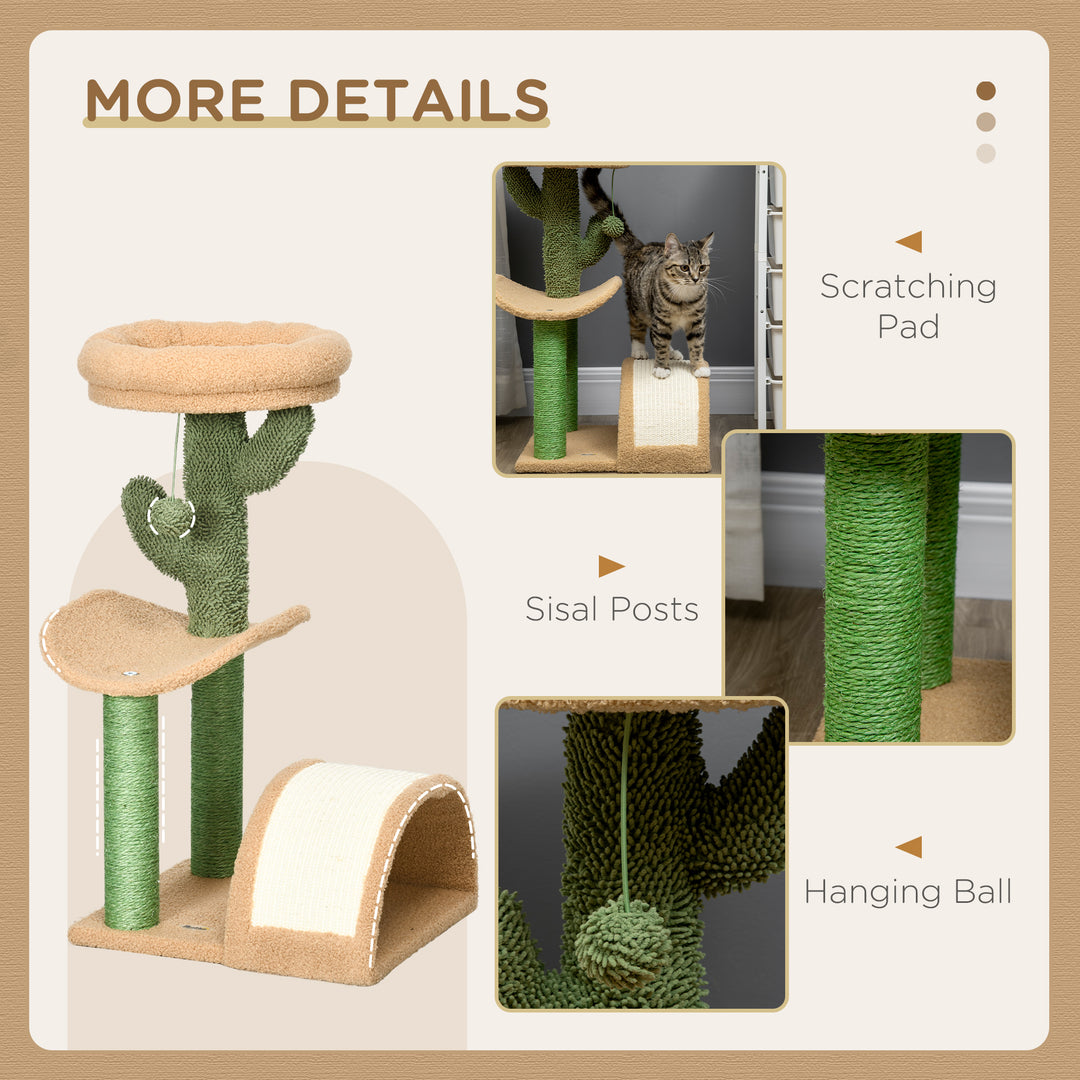 PawHut 72cm Cat Tree, Kitty Activity Center, Wooden Cat Climbing Toy, Cat Tower with Bed Ball Toy Sisal Scratching Post Curved Pad, Yellow