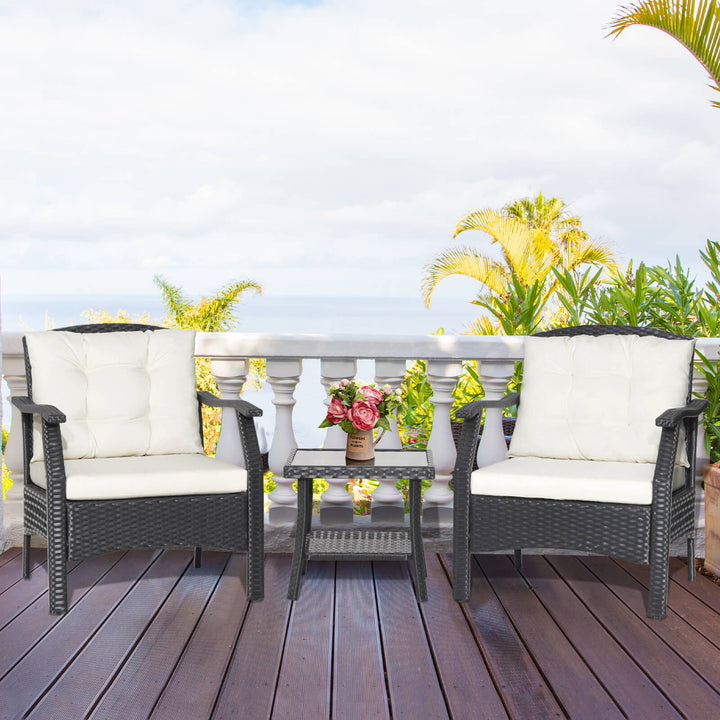 3 Pieces Outdoor Conversation Furniture Set with 2-Tier Tempered Glass Coffee Table