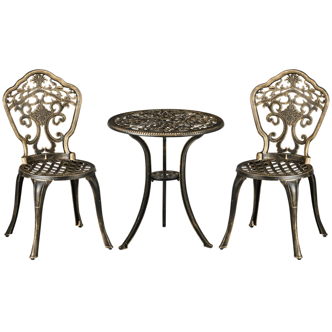 3 Piece Cast Aluminium Garden Bistro Set for 2 with Parasol Hole, Outdoor Coffee Table Set, Two Armless Chairs and Round Coffee Table