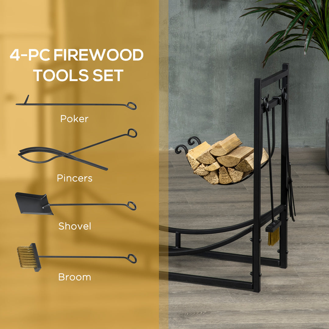 Outsunny Firewood Stand Log Rack Holder 84cm with 4-PC Fireplace Tools Set, Indoor Outdoor, Metal, Black