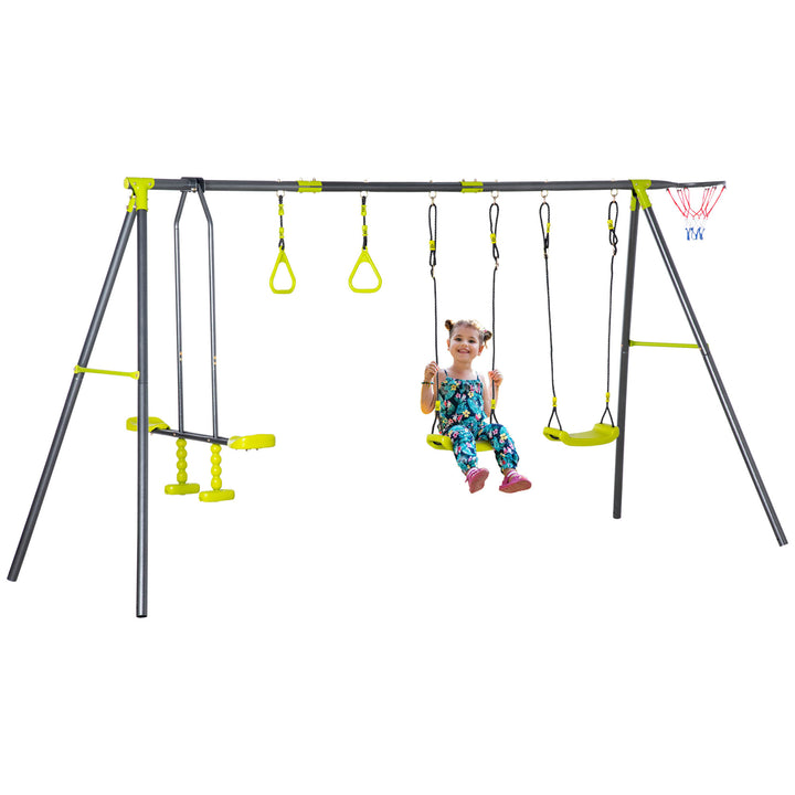 Kids Swing Set for Backyard, Outdoor Play Equipment, w/ Adjustable Swing Seats, Seesaw, Basket Hoop, A-Frame Metal Stand for Ages 3-10 Years