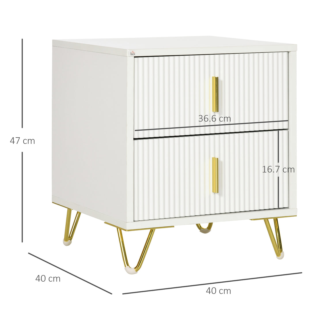 Bedside Table with 2 Drawers, Side End Table, Nightstand with Metal Frame for Living Room, Bedroom, White