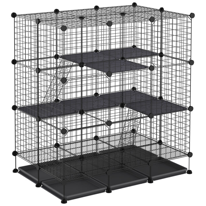 Pawhut 3 Level DIY Pet Playpen Metal Small Animal Cage Guinea Pig Rabbit Ferret Chinchillas Cage 4 Doors Bottom Trays Black