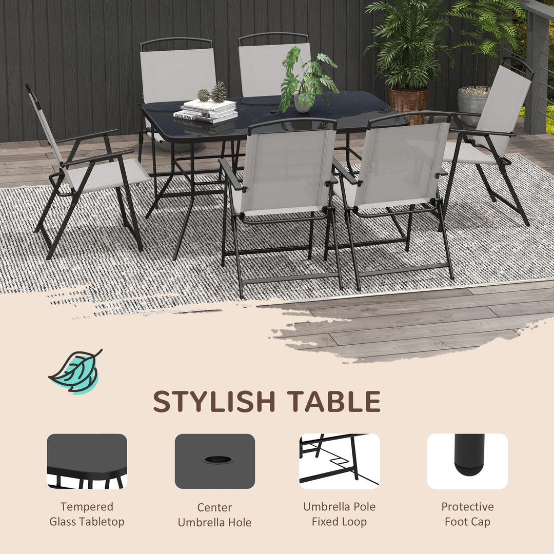7 Piece Garden Furniture Set with Glass Dining Table and Folding Chairs, 6 Seater Outdoor Patio Furniture for Deck and Balcony, Black