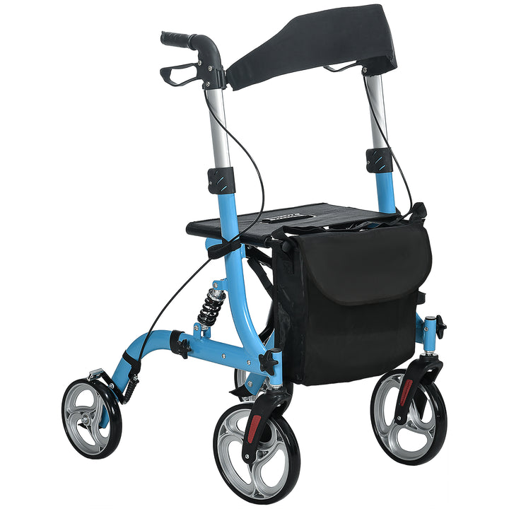 4 Wheel Rollator with Seat and Back, Lightweight Folding Mobility Walker with Large Wheels, Carry Bag, Adjustable Height, Aluminium Walking Frame with Dual Brakes for Seniors, Blue