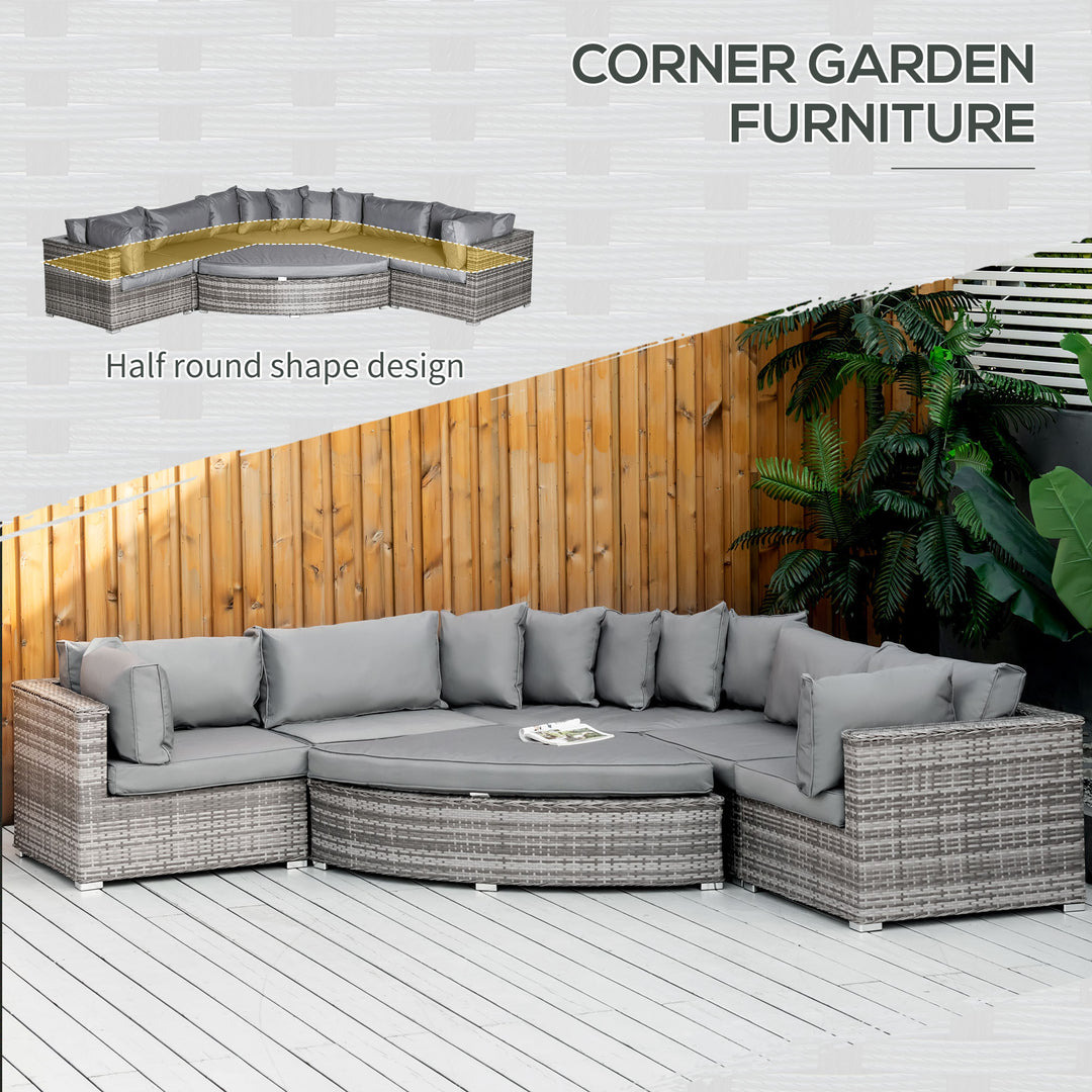 Outsunny 6-Seater Outdoor Rattan Wicker Sofa Set Half Round Patio Conversation Furniture Set w/ Cushions Grey