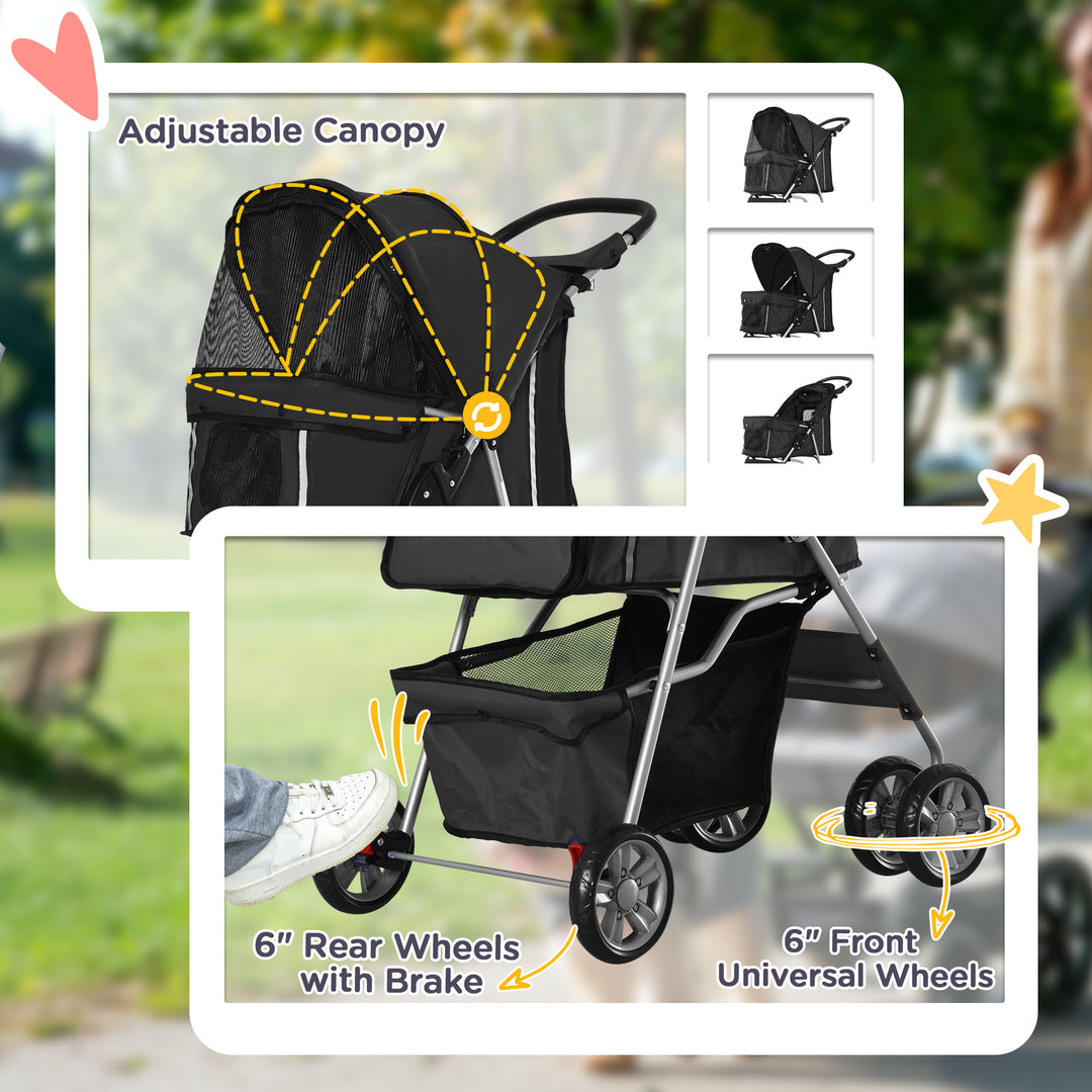 PawHut Pet Stroller Dog Pushchair Foldable Travel Carriage for Small Miniature Dogs Cats w/ Zipper Entry Cup Holder, Black