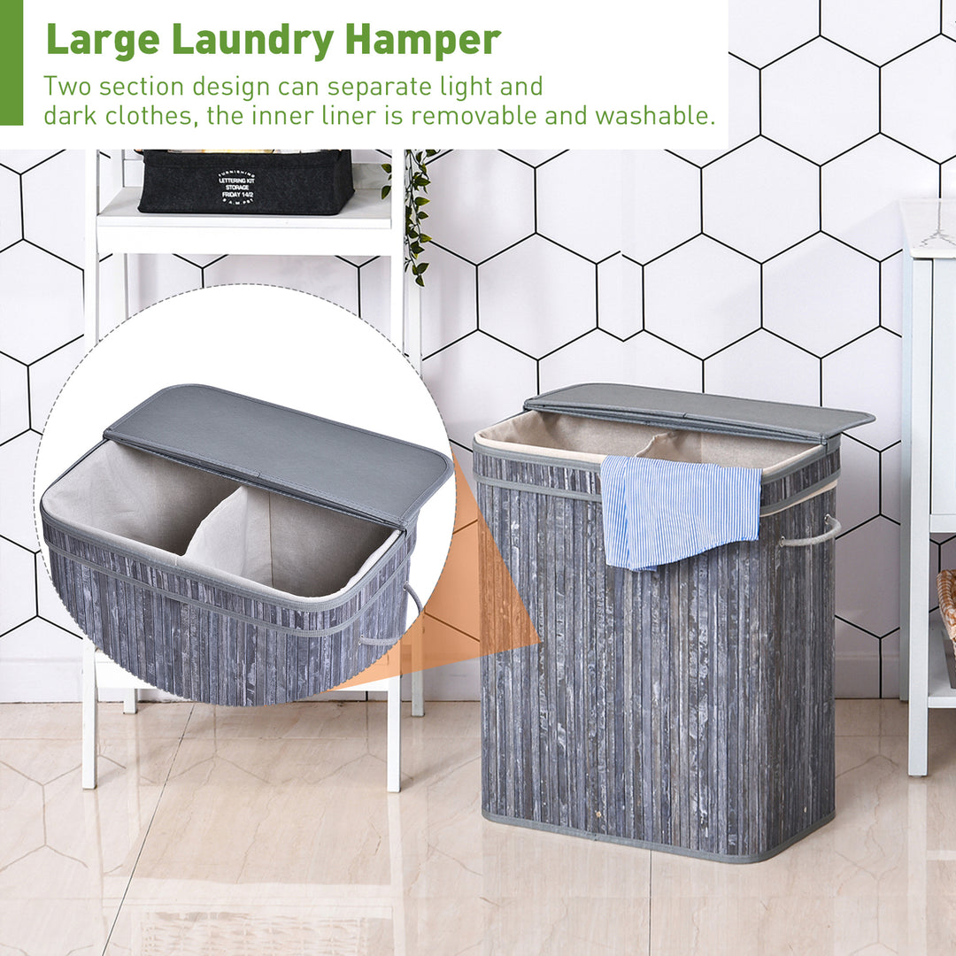 Wooden Laundry Basket w/ Split Compartment Clothes Storage- Grey