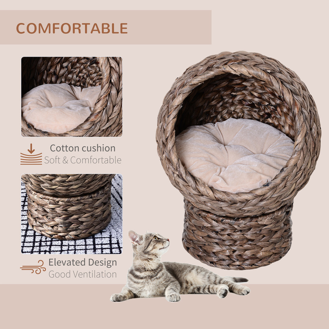 Wicker Cat Bed, Raised Rattan Cat Basket with Cylindrical Base, Soft Washable Cushion, 42 x 33 x 52cm - Brown